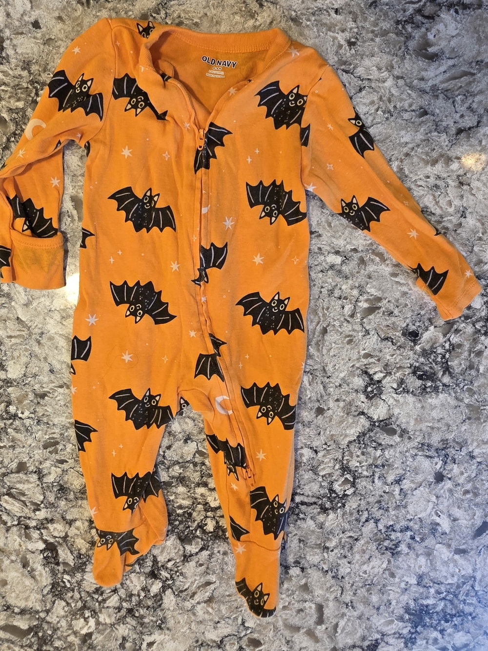 Old Navy 6-9M Footed Orange Bat Print Pajamas W/Foldover Cuffs